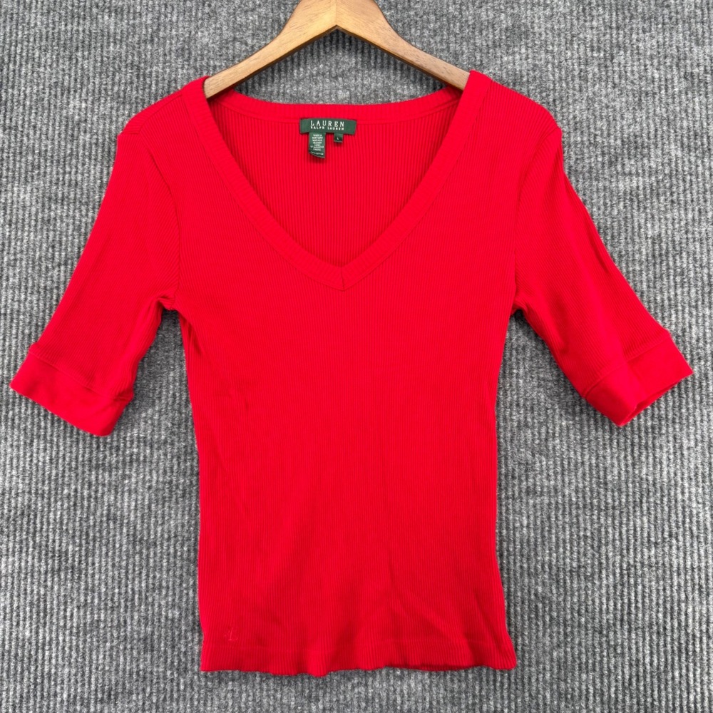 Lauren Ralph Lauren Red Ribbed Cotton V-Neck Short Sleeve Top Womens Large LRL